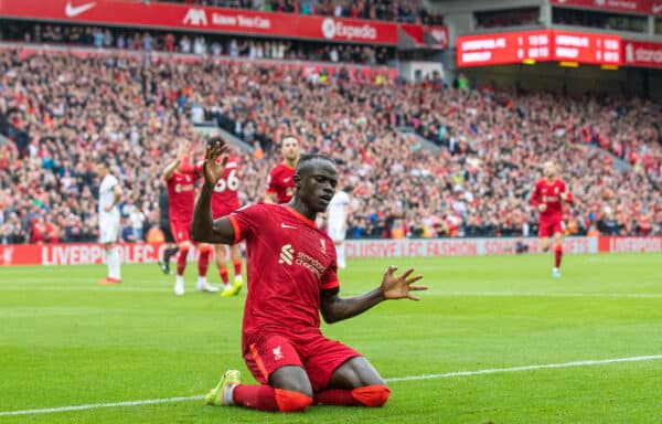 LIVERPOOL, ENGLAND - Saturday, August 21, 2021: Liverpool's Sadio Mané celebrates after scoring the second goal during the FA Premier League match between Liverpool FC and Burnley FC at Anfield. (Pic by David Rawcliffe/Propaganda)