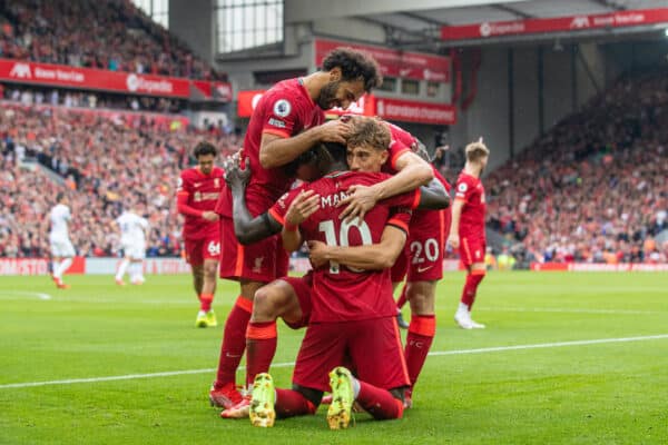 LIVERPOOL, ENGLAND - Saturday, August 21, 2021: Liverpool's Sadio Mané celebrates after scoring the second goal during the FA Premier League match between Liverpool FC and Burnley FC at Anfield. (Pic by David Rawcliffe/Propaganda)