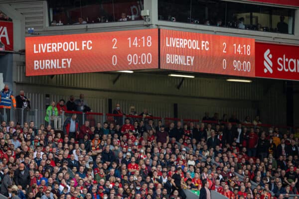 LIVERPOOL, ENGLAND - Saturday, August 21, 2021: Liverpool's scoreboard records the 2-0 victory during the FA Premier League match between Liverpool FC and Burnley FC at Anfield. (Pic by David Rawcliffe/Propaganda)