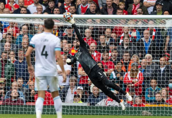 LIVERPOOL, ENGLAND - Saturday, August 21, 2021: Liverpool's goalkeeper Alisson Becker makes a save during the FA Premier League match between Liverpool FC and Burnley FC at Anfield. (Pic by David Rawcliffe/Propaganda)