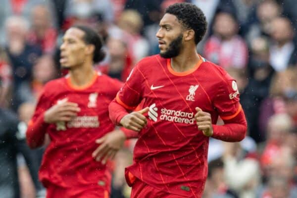 LIVERPOOL, ENGLAND - Saturday, August 21, 2021: Liverpool's Joe Gomez (R) and Virgil van Dijk during the FA Premier League match between Liverpool FC and Burnley FC at Anfield. (Pic by David Rawcliffe/Propaganda)