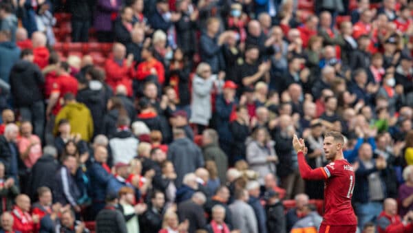 LIVERPOOL, ENGLAND - Saturday, August 21, 2021: Liverpool's captain Jordan Henderson applauds the supporters after the FA Premier League match between Liverpool FC and Burnley FC at Anfield. Liverpool won 2-0. (Pic by David Rawcliffe/Propaganda)