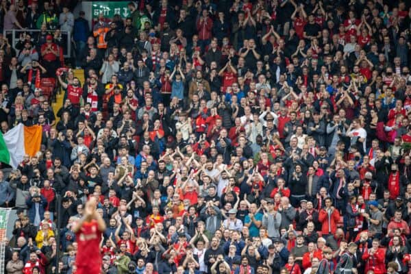 LIVERPOOL, ENGLAND - Saturday, August 21, 2021: Liverpool supporters applaud the team after the FA Premier League match between Liverpool FC and Burnley FC at Anfield. Liverpool won 2-0. (Pic by David Rawcliffe/Propaganda)