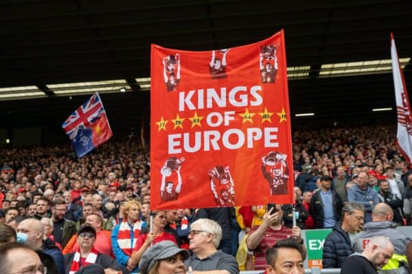 LIVERPOOL, ENGLAND - Saturday, August 21, 2021: Liverpool supporters' banner "Kings of Europe" before the FA Premier League match between Liverpool FC and Burnley FC at Anfield. (Pic by David Rawcliffe/Propaganda)