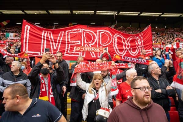 LIVERPOOL, ENGLAND - Saturday, August 21, 2021: Liverpool supporters sing "You'll Never Walk Alone" before the FA Premier League match between Liverpool FC and Burnley FC at Anfield. (Pic by David Rawcliffe/Propaganda)
