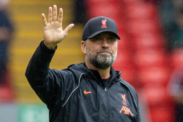 LIVERPOOL, ENGLAND - Saturday, August 21, 2021: Liverpool's manager Jürgen Klopp waves to supporters before the FA Premier League match between Liverpool FC and Burnley FC at Anfield. (Pic by David Rawcliffe/Propaganda)