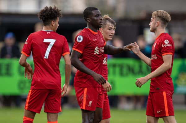 SOUTHPORT, ENGLAND - Monday, August 23, 2021: Liverpool's Sheyi Ojo (C) celebrates after scoring the first goal during the Premier League 2 Division 1 match between Everton FC Under-23's and Liverpool FC Under-23's, the Mini-Merseyside Derby, at Haig Avenue. (Pic by David Rawcliffe/Propaganda)