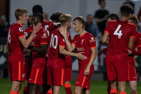 SOUTHPORT, ENGLAND - Monday, August 23, 2021: Liverpool's Max Woltman (C) celebrates after scoring the third goal during the Premier League 2 Division 1 match between Everton FC Under-23's and Liverpool FC Under-23's, the Mini-Merseyside Derby, at Haig Avenue. (Pic by David Rawcliffe/Propaganda)