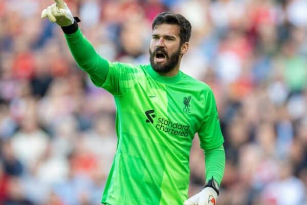 LIVERPOOL, ENGLAND - Saturday, August 28, 2021: Liverpool's goalkeeper Alisson Becker during the FA Premier League match between Liverpool FC and Chelsea FC at Anfield. (Pic by David Rawcliffe/Propaganda)