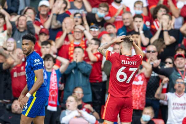 LIVERPOOL, ENGLAND - Saturday, August 28, 2021: Liverpool's Harvey Elliott looks dejected after missing a chance during the FA Premier League match between Liverpool FC and Chelsea FC at Anfield. (Pic by David Rawcliffe/Propaganda)