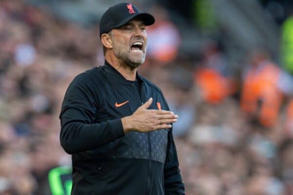 LIVERPOOL, ENGLAND - Saturday, August 28, 2021: Liverpool's manager Jürgen Klopp reacts during the FA Premier League match between Liverpool FC and Chelsea FC at Anfield. (Pic by David Rawcliffe/Propaganda)