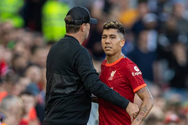 LIVERPOOL, ENGLAND - Saturday, August 28, 2021: Liverpool's Roberto Firmino is substituted during the FA Premier League match between Liverpool FC and Chelsea FC at Anfield. (Pic by David Rawcliffe/Propaganda)