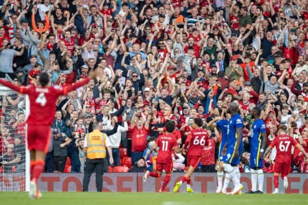 LIVERPOOL, ENGLAND - Saturday, August 28, 2021: Liverpool's Mohamed Salah scores the first goal during the FA Premier League match between Liverpool FC and Chelsea FC at Anfield. (Pic by David Rawcliffe/Propaganda)