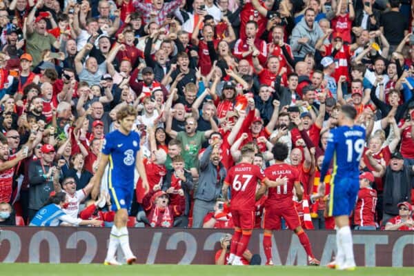 LIVERPOOL, ENGLAND - Saturday, August 28, 2021: Liverpool's Mohamed Salah celebrates after scoring the first goal during the FA Premier League match between Liverpool FC and Chelsea FC at Anfield. (Pic by David Rawcliffe/Propaganda)