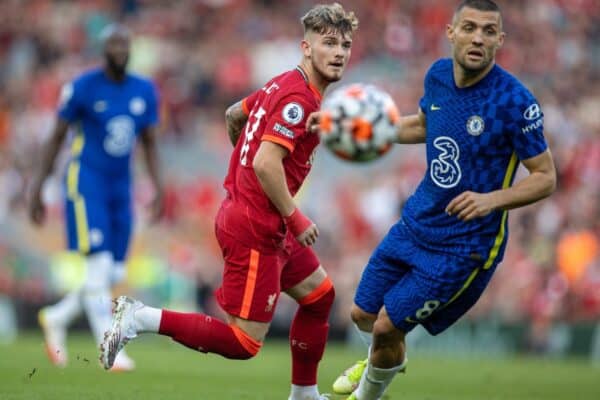 LIVERPOOL, ENGLAND - Saturday, August 28, 2021: Liverpool's Harvey Elliott (L) during the FA Premier League match between Liverpool FC and Chelsea FC at Anfield. (Pic by David Rawcliffe/Propaganda)