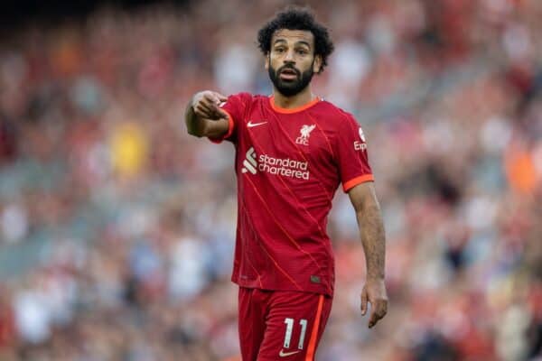 LIVERPOOL, ENGLAND - Saturday, August 28, 2021: Liverpool's Mohamed Salah during the FA Premier League match between Liverpool FC and Chelsea FC at Anfield. (Pic by David Rawcliffe/Propaganda)