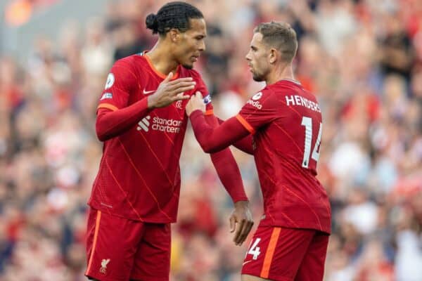 LIVERPOOL, ENGLAND - Saturday, August 28, 2021: Liverpool's captain Jordan Henderson hands the captain's armband to Virgil van Dijk as he is substituted during the FA Premier League match between Liverpool FC and Chelsea FC at Anfield. (Pic by David Rawcliffe/Propaganda)