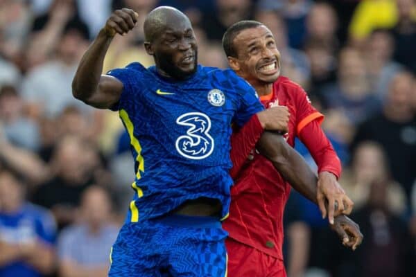 LIVERPOOL, ENGLAND - Saturday, August 28, 2021: Chelsea's Romelu Lukaku (L) challenges for a header with Liverpool's Joel Matip during the FA Premier League match between Liverpool FC and Chelsea FC at Anfield. (Pic by David Rawcliffe/Propaganda)