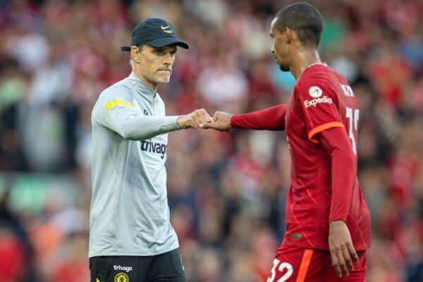 LIVERPOOL, ENGLAND - Saturday, August 28, 2021: Chelsea's manager Thomas Tuchel fist bumps Liverpool's Joel Matip after the FA Premier League match between Liverpool FC and Chelsea FC at Anfield. (Pic by David Rawcliffe/Propaganda)