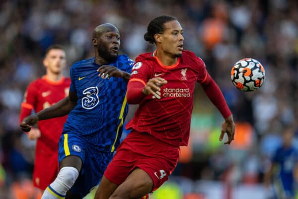 LIVERPOOL, ENGLAND - Saturday, August 28, 2021: Liverpool's Virgil van Dijk (R) and Chelsea's Romelu Lukaku during the FA Premier League match between Liverpool FC and Chelsea FC at Anfield. (Pic by David Rawcliffe/Propaganda)