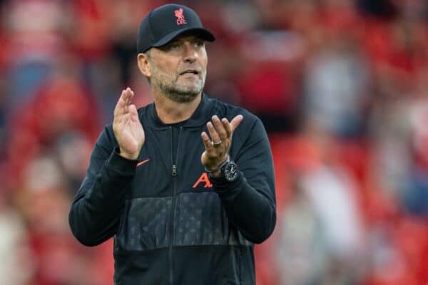 LIVERPOOL, ENGLAND - Saturday, August 28, 2021: Liverpool's manager Jürgen Klopp applauds the supporters after the FA Premier League match between Liverpool FC and Chelsea FC at Anfield. The game ended in a 1-1 draw. (Pic by David Rawcliffe/Propaganda)