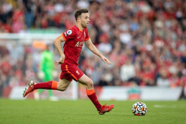 LIVERPOOL, ENGLAND - Saturday, August 28, 2021: Liverpool's Diogo Jota during the FA Premier League match between Liverpool FC and Chelsea FC at Anfield. (Pic by David Rawcliffe/Propaganda)