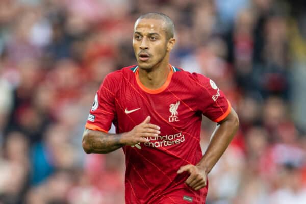 LIVERPOOL, ENGLAND - Saturday, August 28, 2021: Liverpool's Thiago Alcantara during the FA Premier League match between Liverpool FC and Chelsea FC at Anfield. (Pic by David Rawcliffe/Propaganda)