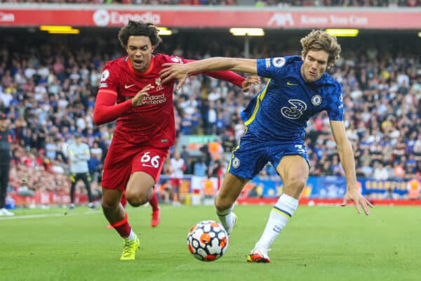 LIVERPOOL, ENGLAND - Saturday, August 28, 2021: Liverpool's Trent Alexander-Arnold (L) and Chelsea's Marcos Alonso during the FA Premier League match between Liverpool FC and Chelsea FC at Anfield. (Pic by David Rawcliffe/Propaganda)