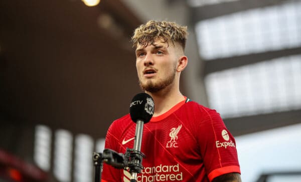 LIVERPOOL, ENGLAND - Saturday, August 28, 2021: Liverpool's Harvey Elliott is interviewed by LFC.TV after the FA Premier League match between Liverpool FC and Chelsea FC at Anfield. (Pic by David Rawcliffe/Propaganda)