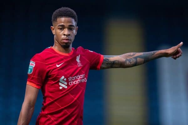 ROCHDALE, ENGLAND - Tuesday, August 31, 2021: Liverpool's Elijah Dixon-Bonner during the English Football League Trophy match between Rochdale AFC and Liverpool FC Under-21's at Spotland Stadium. (Pic by David Rawcliffe/Propaganda)