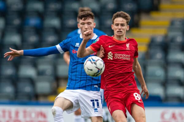 ROCHDALE, ENGLAND - Tuesday, August 31, 2021: Liverpool's Tyler Morton (R) is challenged by Rochdale's Conor Grant during the English Football League Trophy match between Rochdale AFC and Liverpool FC Under-21's at Spotland Stadium. (Pic by David Rawcliffe/Propaganda)