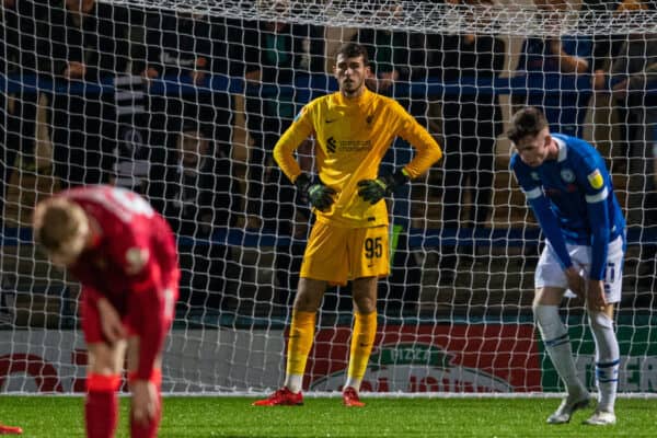 ROCHDALE, ENGLAND - Tuesday, August 31, 2021: Liverpool's goalkeeper Harvey Davies looks dejected as Rochdale score a third goal during the English Football League Trophy match between Rochdale AFC and Liverpool FC Under-21's at Spotland Stadium. (Pic by David Rawcliffe/Propaganda)