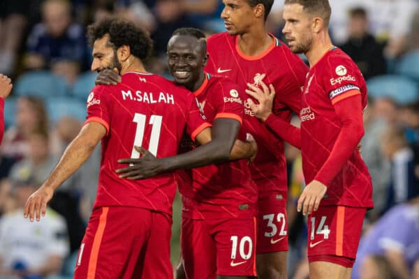 LEEDS, ENGLAND - Sunday, September 12, 2021: Liverpool's Sadio Mané (2nd from L) celebrates after scoring the third goal during the FA Premier League match between Leeds United FC and Liverpool FC at Elland Road. (Pic by David Rawcliffe/Propaganda)