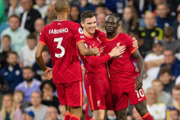 LEEDS, ENGLAND - Sunday, September 12, 2021: Liverpool's Sadio Mané (R) celebrates with team-mate Andy Robertson after scoring the third goal during the FA Premier League match between Leeds United FC and Liverpool FC at Elland Road. (Pic by David Rawcliffe/Propaganda)