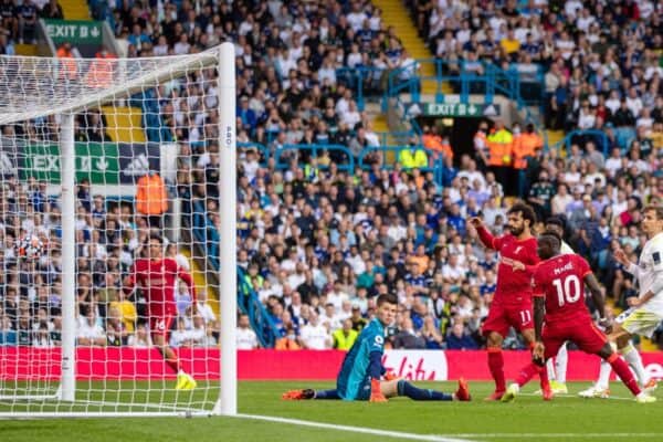 LEEDS, ENGLAND - Sunday, September 12, 2021: Liverpool's Mohamed Salah goal during the FA Premier League match between Leeds United FC and Liverpool FC at Elland Road. (Pic by David Rawcliffe/Propaganda)