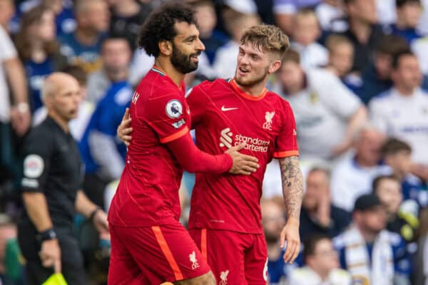 LEEDS, ENGLAND - Sunday, September 12, 2021: Liverpool's Mohamed Salah celebrates with team-mate Harvey Elliott after scoring the first goal during the FA Premier League match between Leeds United FC and Liverpool FC at Elland Road. (Pic by David Rawcliffe/Propaganda)