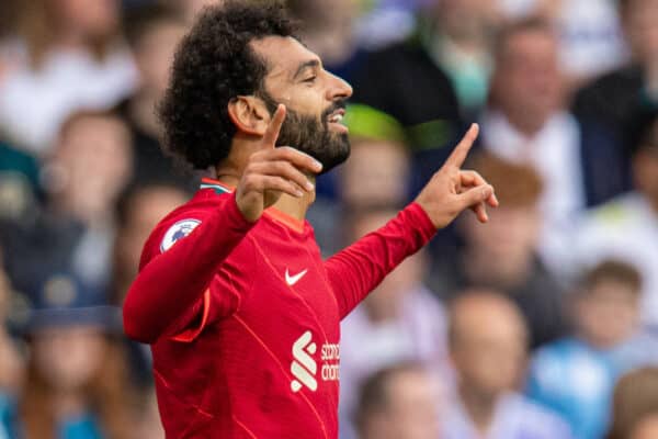 LEEDS, ENGLAND - Sunday, September 12, 2021: Liverpool's Mohamed Salah celebrates after scoring the first goal during the FA Premier League match between Leeds United FC and Liverpool FC at Elland Road. (Pic by David Rawcliffe/Propaganda)