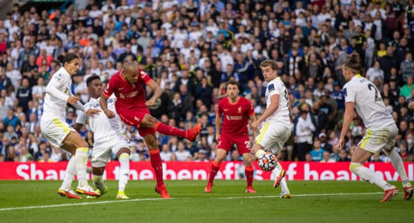 LEEDS, ENGLAND - Sunday, September 12, 2021: Liverpool's Fabio Henrique Tavares 'Fabinho' scores the second goal during the FA Premier League match between Leeds United FC and Liverpool FC at Elland Road. (Pic by David Rawcliffe/Propaganda)