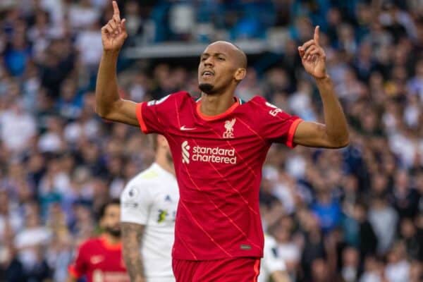 LEEDS, ENGLAND - Sunday, September 12, 2021: Liverpool's Fabio Henrique Tavares 'Fabinho' celebrates after scoring the second goal during the FA Premier League match between Leeds United FC and Liverpool FC at Elland Road. (Pic by David Rawcliffe/Propaganda)