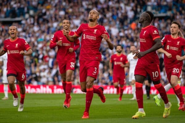 LEEDS, ENGLAND - Sunday, September 12, 2021: Liverpool's Fabio Henrique Tavares 'Fabinho' celebrates after scoring the second goal during the FA Premier League match between Leeds United FC and Liverpool FC at Elland Road. (Pic by David Rawcliffe/Propaganda)