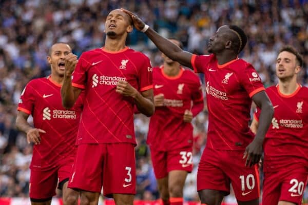 LEEDS, ENGLAND - Sunday, September 12, 2021: Liverpool's Fabio Henrique Tavares 'Fabinho' celebrates after scoring the second goal during the FA Premier League match between Leeds United FC and Liverpool FC at Elland Road. (Pic by David Rawcliffe/Propaganda)