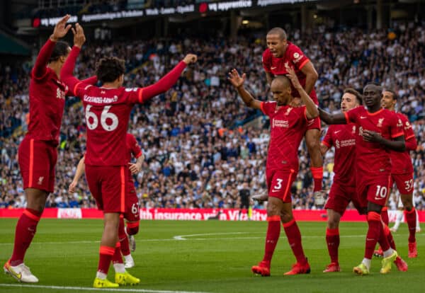 LEEDS, ENGLAND - Sunday, September 12, 2021: Liverpool's Fabio Henrique Tavares 'Fabinho' celebrates after scoring the second goal during the FA Premier League match between Leeds United FC and Liverpool FC at Elland Road. (Pic by David Rawcliffe/Propaganda)