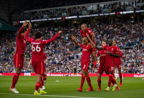 LEEDS, ENGLAND - Sunday, September 12, 2021: Liverpool's Fabio Henrique Tavares 'Fabinho' celebrates after scoring the second goal during the FA Premier League match between Leeds United FC and Liverpool FC at Elland Road. (Pic by David Rawcliffe/Propaganda)