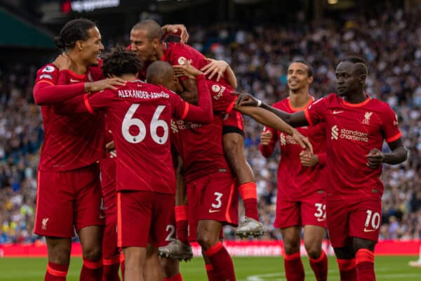 LEEDS, ENGLAND - Sunday, September 12, 2021: Liverpool's Fabio Henrique Tavares 'Fabinho' celebrates after scoring the second goal during the FA Premier League match between Leeds United FC and Liverpool FC at Elland Road. (Pic by David Rawcliffe/Propaganda)