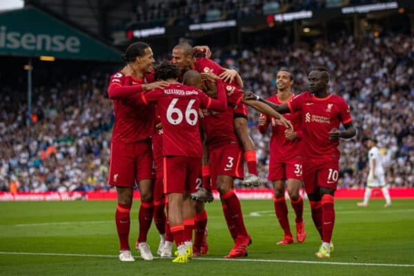 LEEDS, ENGLAND - Sunday, September 12, 2021: Liverpool's Fabio Henrique Tavares 'Fabinho' celebrates after scoring the second goal during the FA Premier League match between Leeds United FC and Liverpool FC at Elland Road. (Pic by David Rawcliffe/Propaganda)