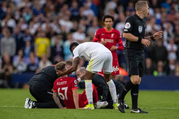 LEEDS, ENGLAND - Sunday, September 12, 2021: Liverpool's Harvey Elliott receives treatment for an injury before being carried off during the FA Premier League match between Leeds United FC and Liverpool FC at Elland Road. (Pic by David Rawcliffe/Propaganda)