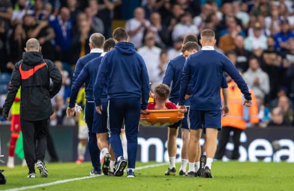 LEEDS, ENGLAND - Sunday, September 12, 2021: Liverpool's Harvey Elliott is carried off injured during the FA Premier League match between Leeds United FC and Liverpool FC at Elland Road. (Pic by David Rawcliffe/Propaganda)