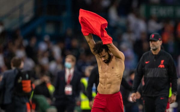 LEEDS, ENGLAND - Sunday, September 12, 2021: Liverpool's Mohamed Salah takes off his shirt after the FA Premier League match between Leeds United FC and Liverpool FC at Elland Road. (Pic by David Rawcliffe/Propaganda)