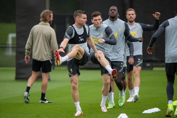 LIVERPOOL, ENGLAND - Tuesday, September 14, 2021: Liverpool's James Milner (L) and Andy Robertson during a training session at the AXA Training Centre ahead of the UEFA Champions League Group B Matchday 1 game between Liverpool FC and AC MIlan. (Pic by David Rawcliffe/Propaganda)