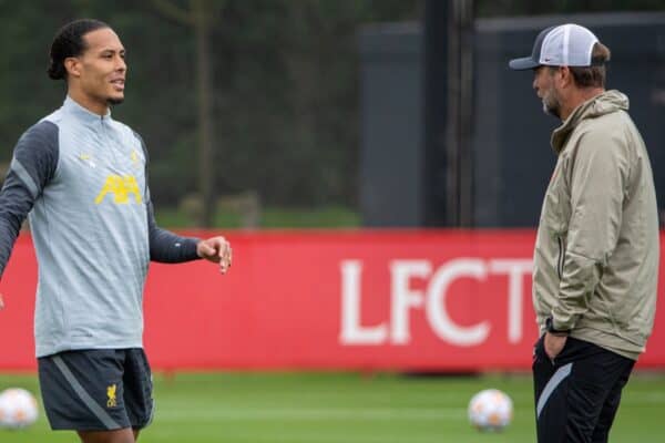 LIVERPOOL, ENGLAND - Tuesday, September 14, 2021: Liverpool's Virgil van Dijk (L) chats with manager Jürgen Klopp during a training session at the AXA Training Centre ahead of the UEFA Champions League Group B Matchday 1 game between Liverpool FC and AC MIlan. (Pic by David Rawcliffe/Propaganda)